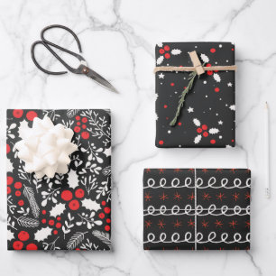 Red White Black Holly Berries Mistletoe Kerstmis Inpakpapier Vel