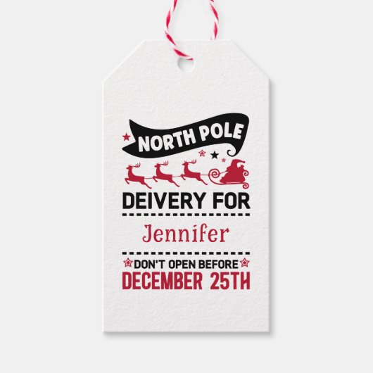 Red & White Black North Pole SANTA Delivery Name Cadeaulabel (Voorkant)