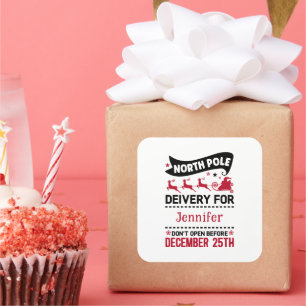 Red & White Black North Pole SANTA Delivery Name Vierkante Sticker
