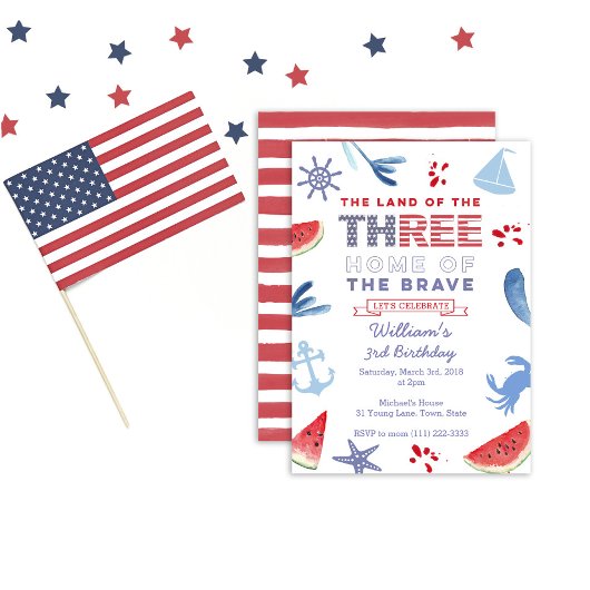 Red White Blue 3rd Birthday Shoreline Party Kaart