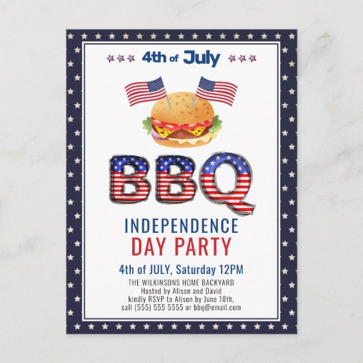 Red White Blue 4th of JULY BBQ Party Invitation Briefkaart (Voorkant)