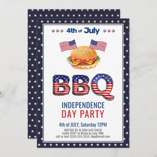 Red White Blue 4th of JULY BBQ Party Invitation Feestdagenkaart (Voorkant / Achterkant)