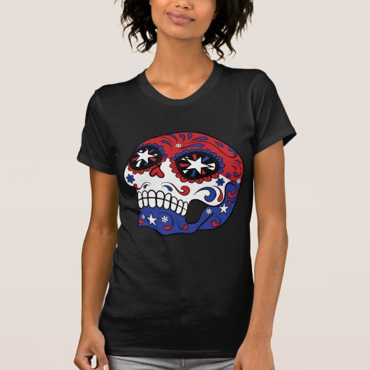 Red White Blue American vlag Patriotic Sugar Skull T-shirt (Voorkant)