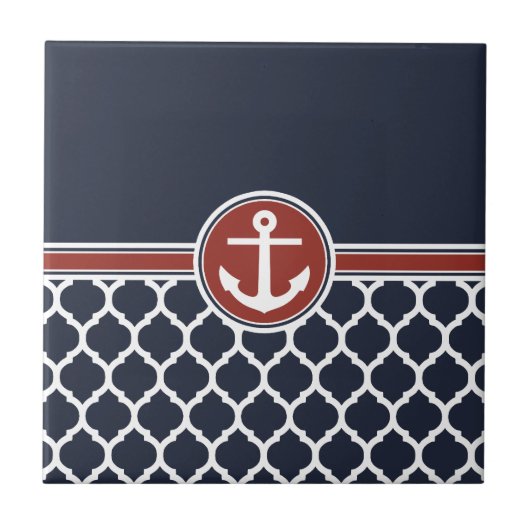 Red White Blue Anchor Moroccan Lattice Tegeltje (Voorkant)