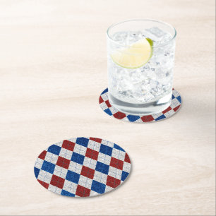 Red, White, Blue Argyle 4 Glitter Ronde Kartonnen Onderzetter