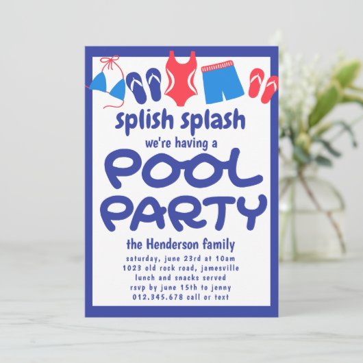 Red White Blue Backyard Pool Party nodiging Kaart (Staand voorkant)