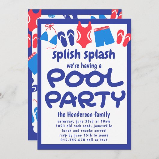 Red White Blue Backyard Pool Party nodiging Kaart (Voorkant / Achterkant)