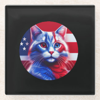 Red White & Blue Cat With American Flag Background Glazen Onderzetter