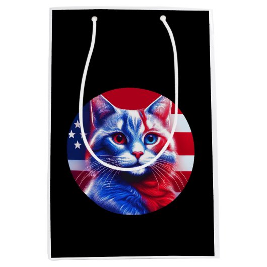 Red White & Blue Cat With American Flag Background Medium Cadeauzakje (Voorkant)