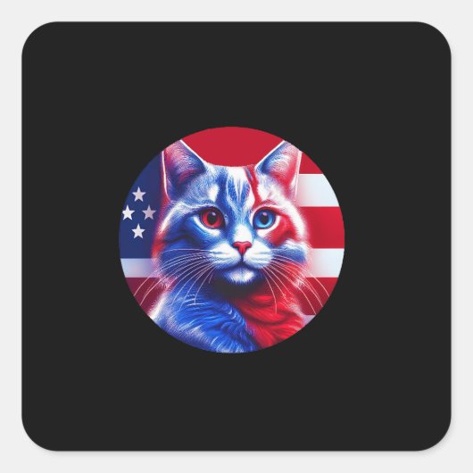 Red White & Blue Cat With American Flag Background Vierkante Sticker (Voorkant)