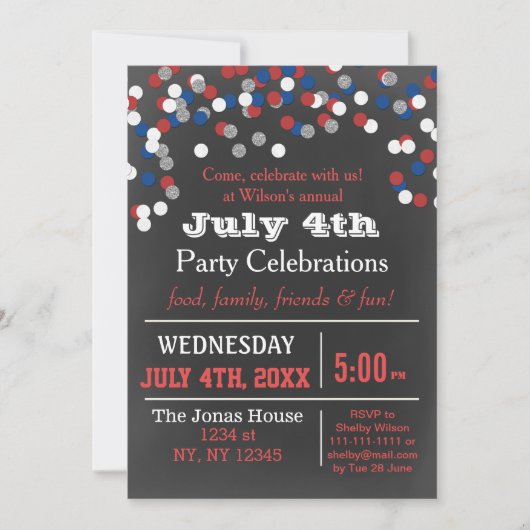 Red White Blue Confetti Juli 4e partijuitnodiging Kaart (Voorkant)