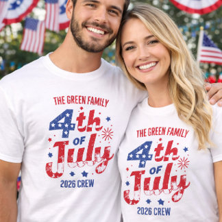 Red White Blue Fireworks 4th of July Family Crew  T-shirt
