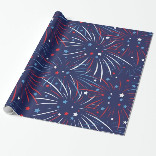 Red White Blue Fireworks-sterren Cadeaupapier (Uitgerold)