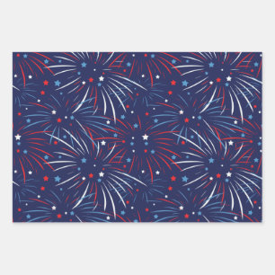 Red White Blue Fireworks-sterren Inpakpapier Vel