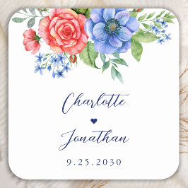 Red White Blue Floral 4 juli Patriotic Wedding Vierkante Sticker