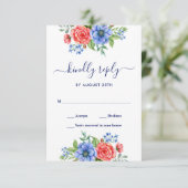 Red White Blue Floral Patriotic Wedding RSVP Kaartje (Staand voorkant)