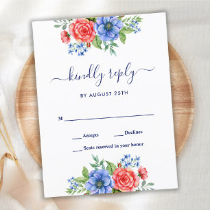 Red White Blue Floral Patriotic Wedding RSVP Uitnodiging Briefkaart