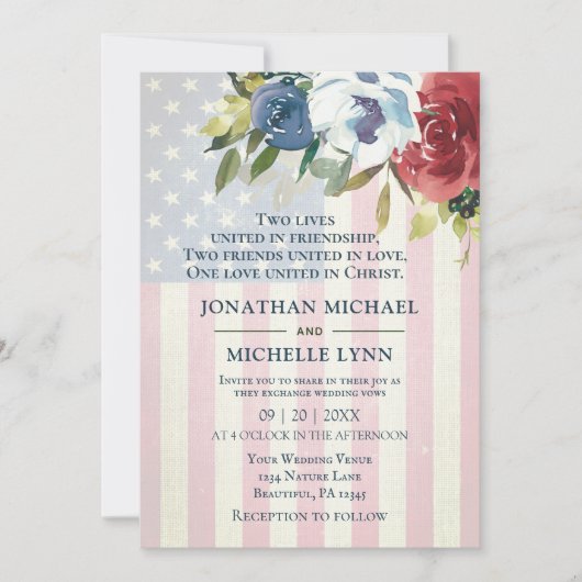 Red White Blue Floral USA Flag Christelijk Wedding Kaart (Voorkant)