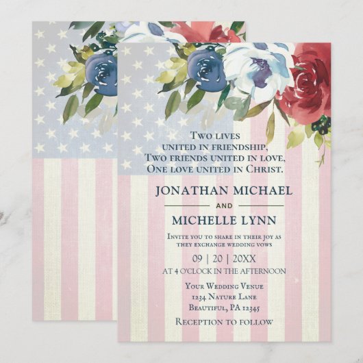 Red White Blue Floral USA Flag Christelijk Wedding Kaart (Voorkant / Achterkant)