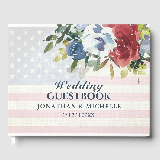 Red White Blue Floral USA Waterverf Wedding Gastenboek (Voorkant)