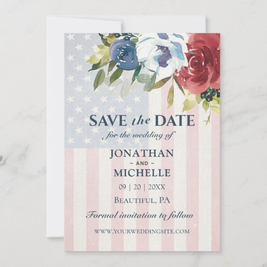 Red White Blue Floral USA Waterverf Wedding Save The Date (Voorkant)