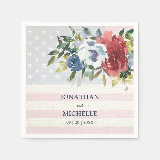 Red White Blue Floral USA Waterverf Wedding Servet (Voorkant)