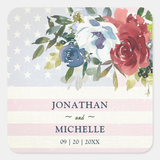 Red White Blue Floral USA Waterverf Wedding Vierkante Sticker (Voorkant)