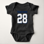 Red White Blue Football Jersey Sports Baby Romper<br><div class="desc">Cute football jersey bodysuit voor baby. Mam en vader houden van sport. Het is alleen maar normaal dat de baby ook. Cute baby bodysuit is rood, wit en stalen blauw. Je kunt de naam en het spelernummer op de voor- en achterkant van de trui aanpassen. Niet alleen voor football ventilatoren....</div>