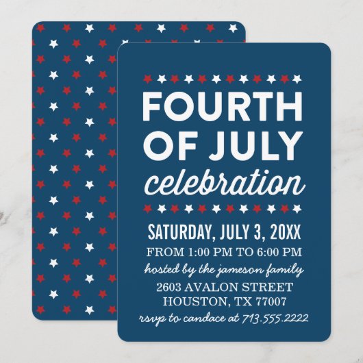 Red White Blue Fourth of Juli Celebration Invite Kaart (Voorkant / Achterkant)