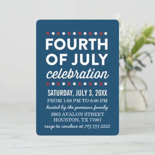 Red White Blue Fourth of Juli Celebration Invite Kaart (Staand voorkant)