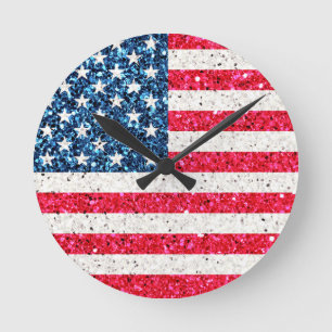 Red White Blue Glitter Patriotic American USA Vlag Ronde Klok