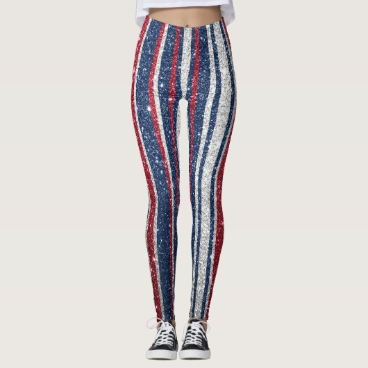 Red White Blue Glitter Stripes Trendy Yoga Pant Leggings (Voorkant)