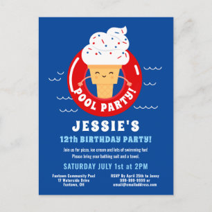 Red White Blue Ice Cream Pool Party Kinder Uitnodiging Briefkaart