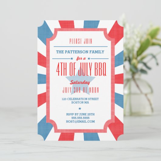 Red White + Blue Juli 4e Uitnodiging van de BBQ Pa (Staand voorkant)