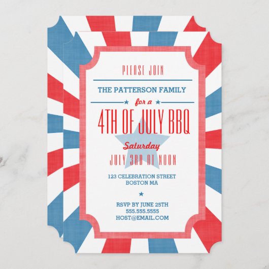 Red White + Blue Juli 4e Uitnodiging van de BBQ Pa (Voorkant / Achterkant)