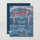 Red White & Blue Mason Jar & Lights Bewaar de datu Aankondigingskaart (Voorkant / Achterkant)