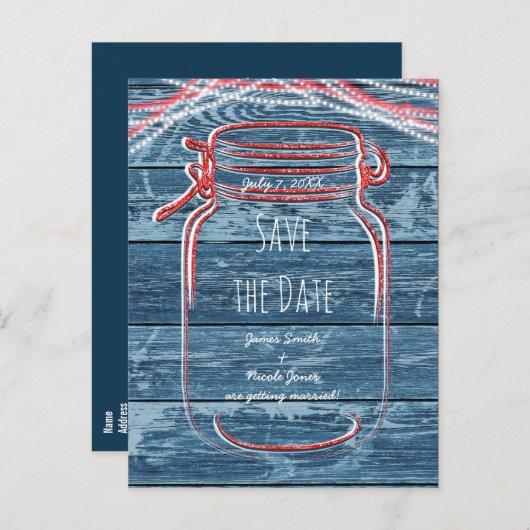 Red White & Blue Mason Jar & Lights Bewaar de datu Aankondigingskaart (Voorkant / Achterkant)