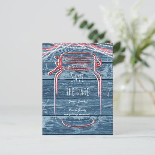 Red White & Blue Mason Jar & Lights Bewaar de datu Aankondigingskaart (Staand voorkant)