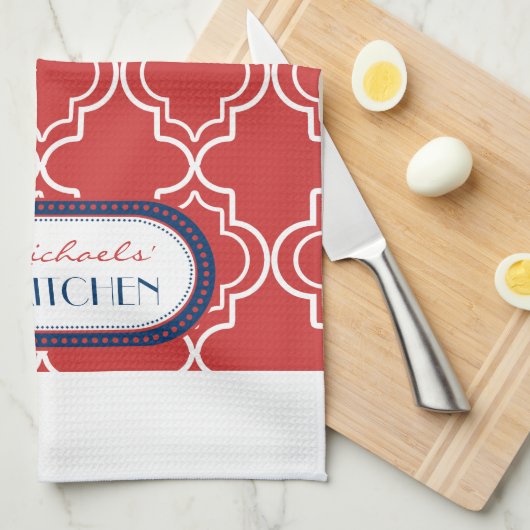 Red White Blue Moroccan Trellis Monogram Theedoek (Quarter Fold)