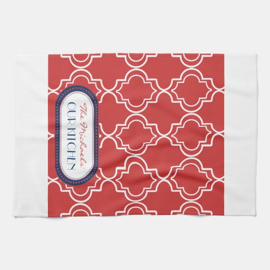 Red White Blue Moroccan Trellis Monogram Theedoek (Horizontaal)