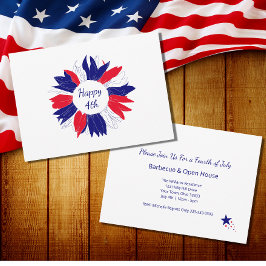 Red White Blue Patriotic Floral Fourth of Juli BBQ Kaart