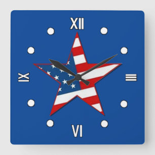 Red White & Blue Patriotic Star Wall Clock Vierkante Klok