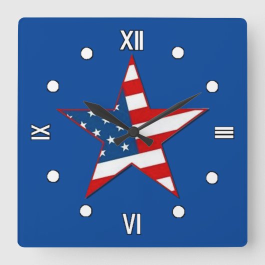 Red White & Blue Patriotic Star Wall Clock Vierkante Klok (Voorkant)