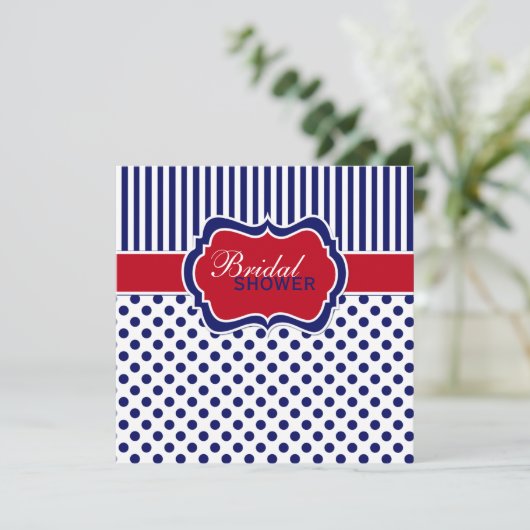 Red White Blue Polka Dot Stripe Shower Invite Kaart (Staand voorkant)