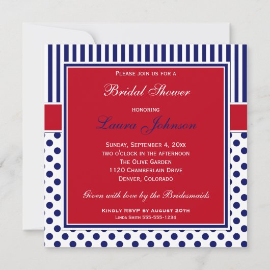 Red White Blue Polka Dot Stripe Shower Invite Kaart (Achterkant)