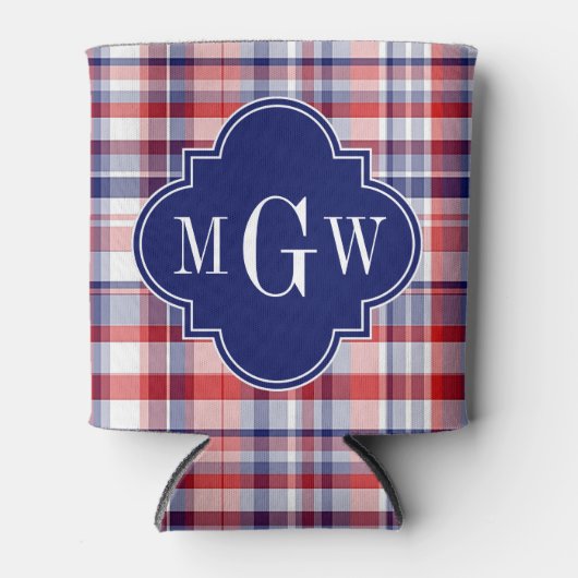 Red White Blue Preppy Madras Monogram Blikjeskoeler (Voorkant)