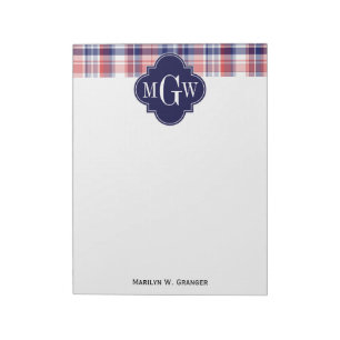 Red White Blue Preppy Madras Monogram Notitieblok