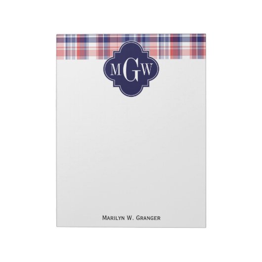 Red White Blue Preppy Madras Monogram Notitieblok (Linkerzijde)