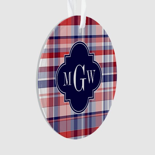 Red White Blue Preppy Madras Monogram Ornament (voorkant)