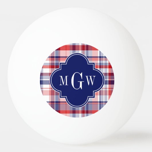 Red White Blue Preppy Madras Monogram Pingpongbal (Voorkant)